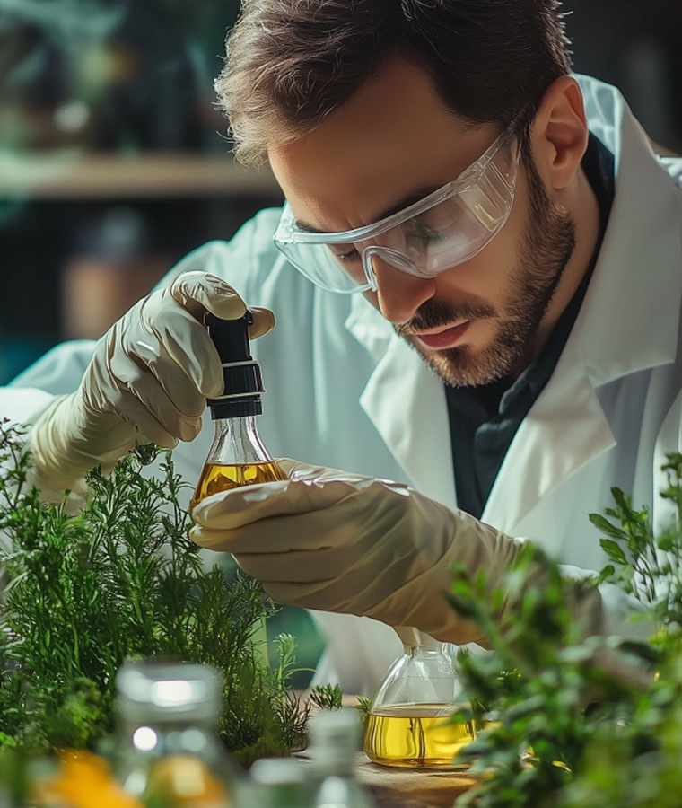 R&D for eco-friendly packaging: researcher working with sustainable plant-based materials.